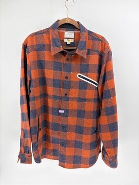 OurCaste Orange and Navy Plaid Flannel Wool Blend Button-Up -Large - Lumberjack